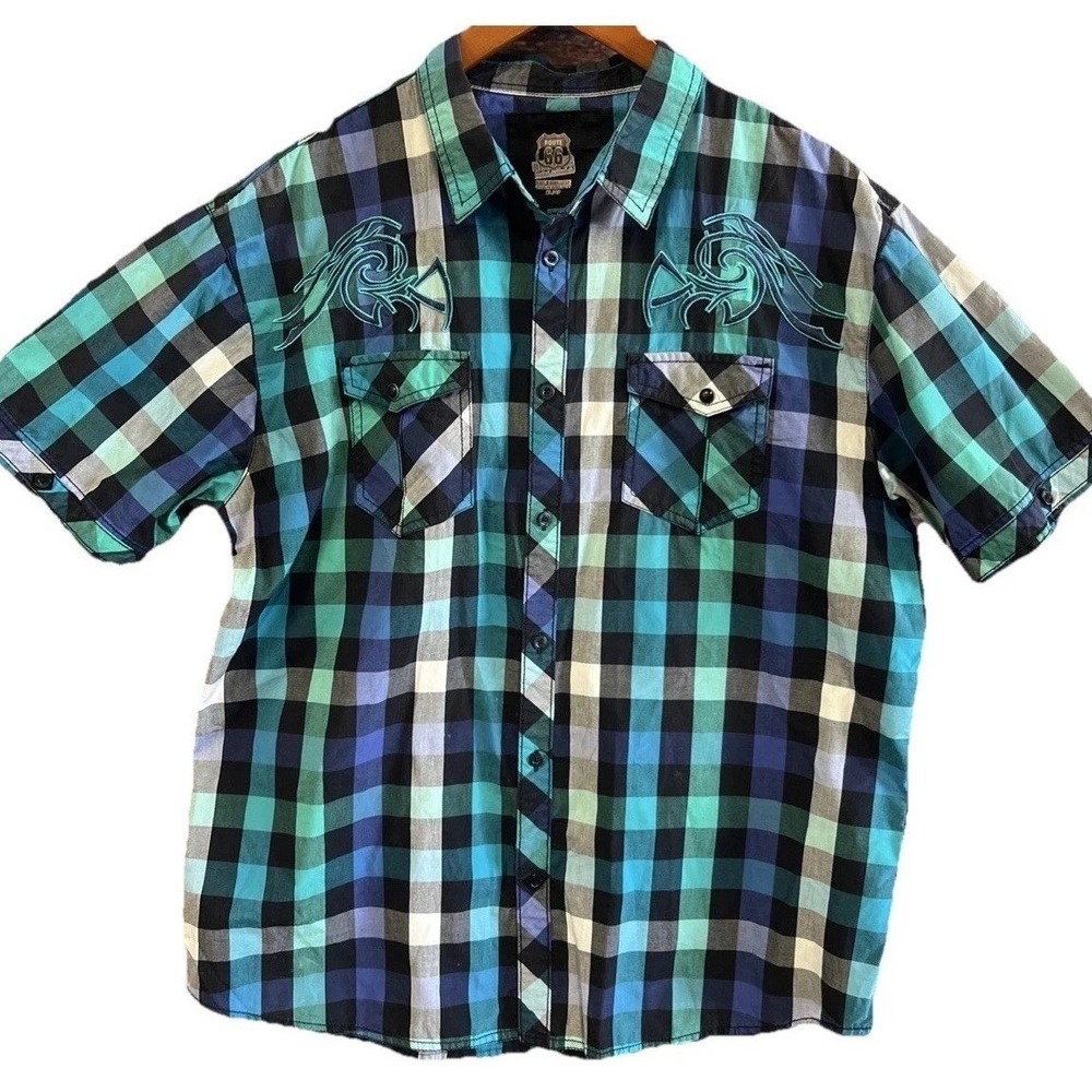 Route 66 Men's Plaid Button Up Tribal Embroidered Shirt Size‎ XL Blue Y2K Casual